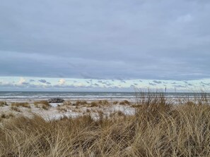Una playa con dunas de arena y un cielo nublado.