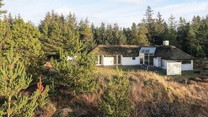 A thatched-roof house with a glass extension, surrounded by dense forest.