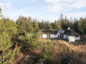 Una casa con techo de paja y un porche de cristal, rodeada de un bosque frondoso.