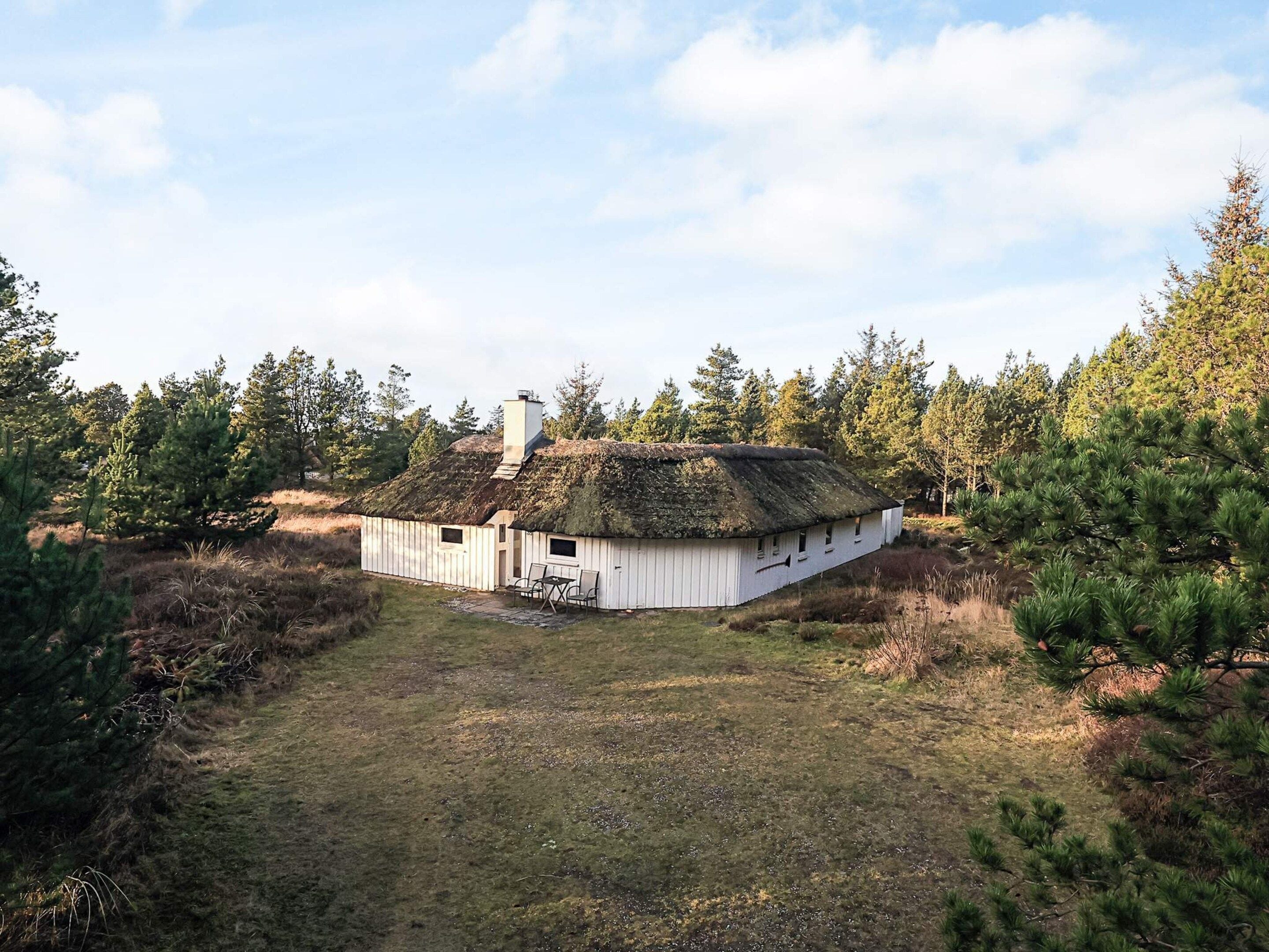 Eine weiße Holzhütte mit einem Reetdach, umgeben von immergrünen Bäumen.