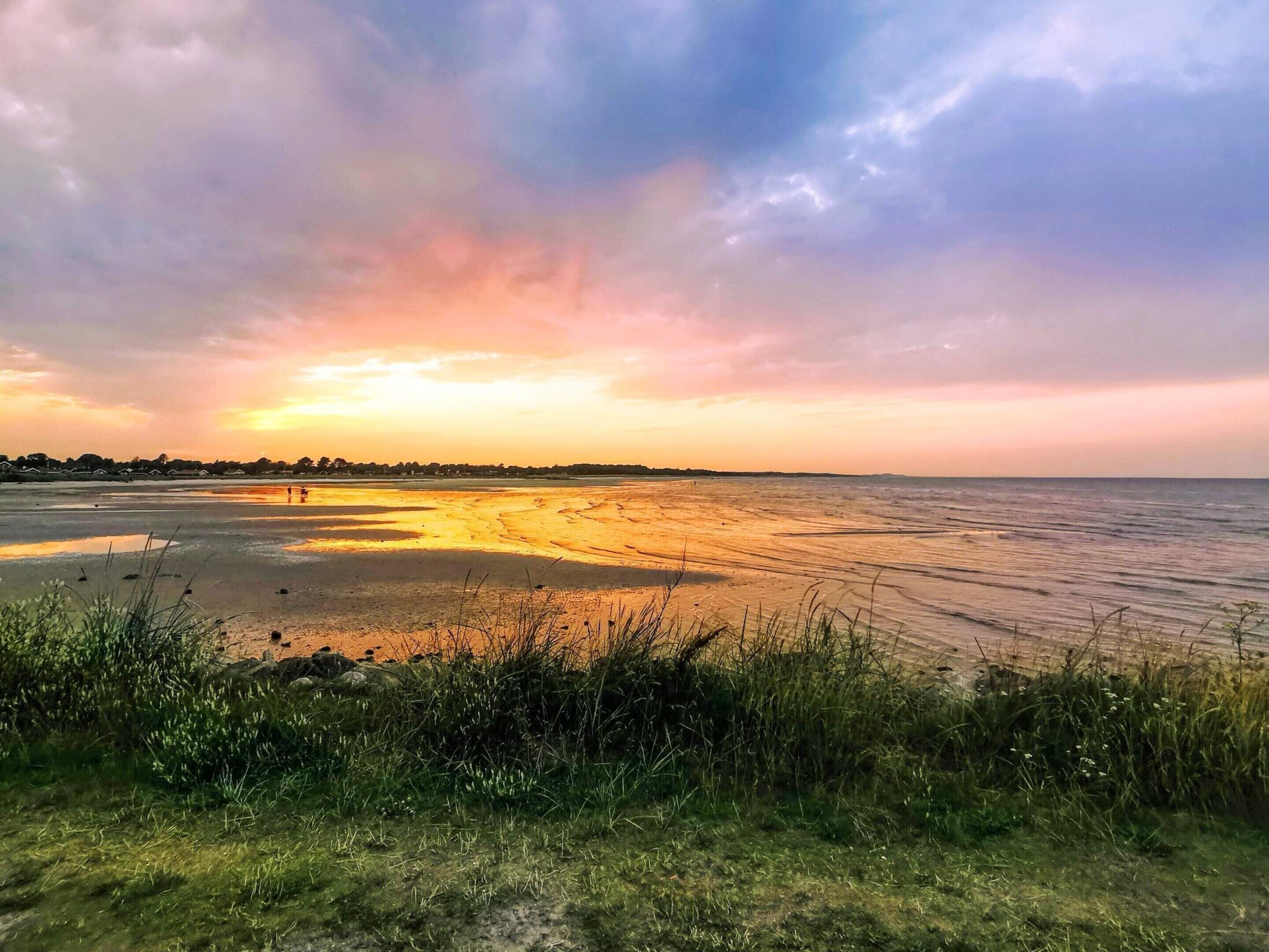 A coastal landscape with a wide sandy beach, grassy areas, and a distant shoreline.