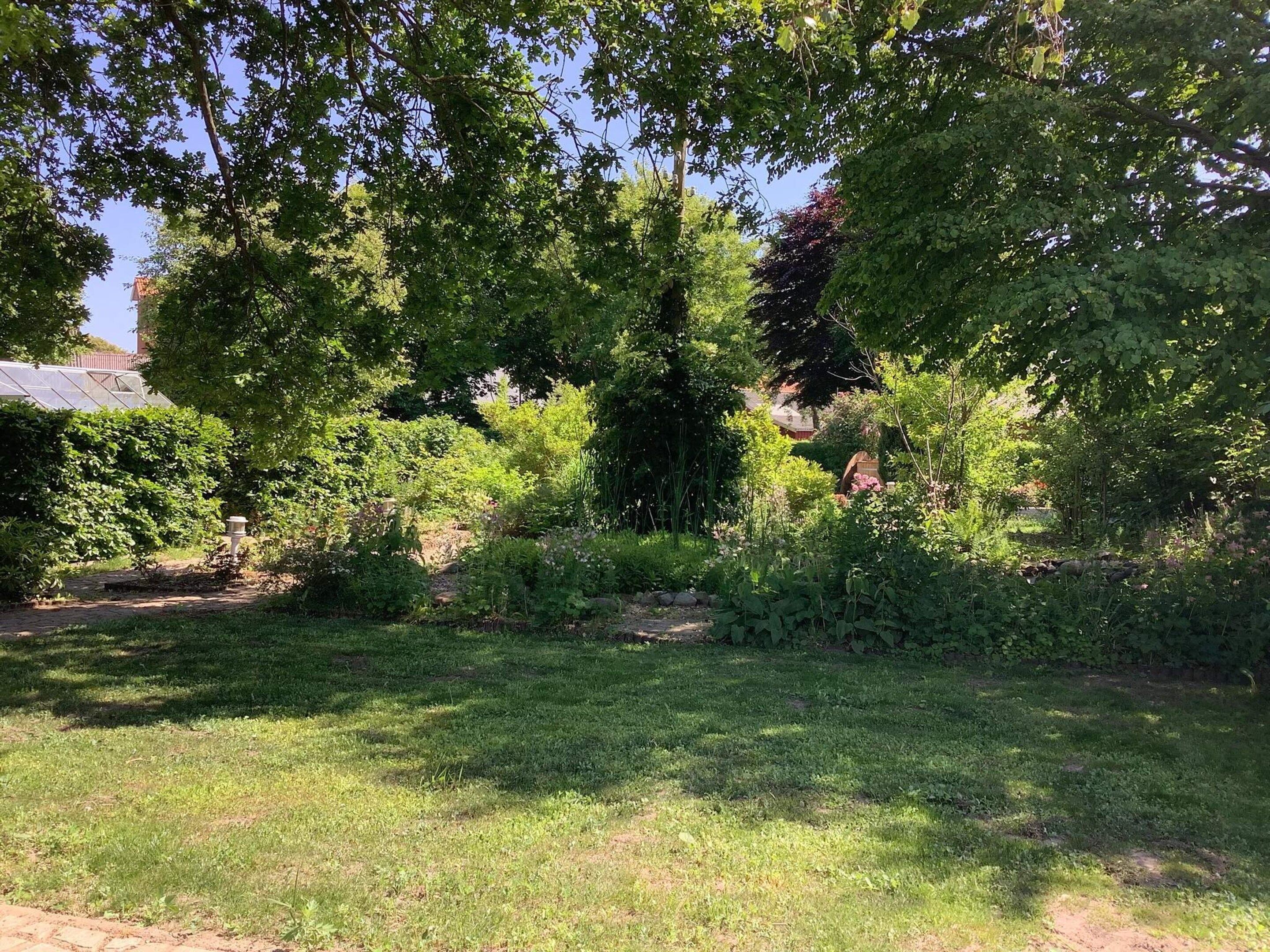 A garden with various plants and trees, a pathway, and a greenhouse structure.