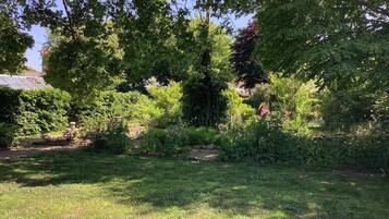 A garden with various plants and trees, a pathway, and a greenhouse structure.