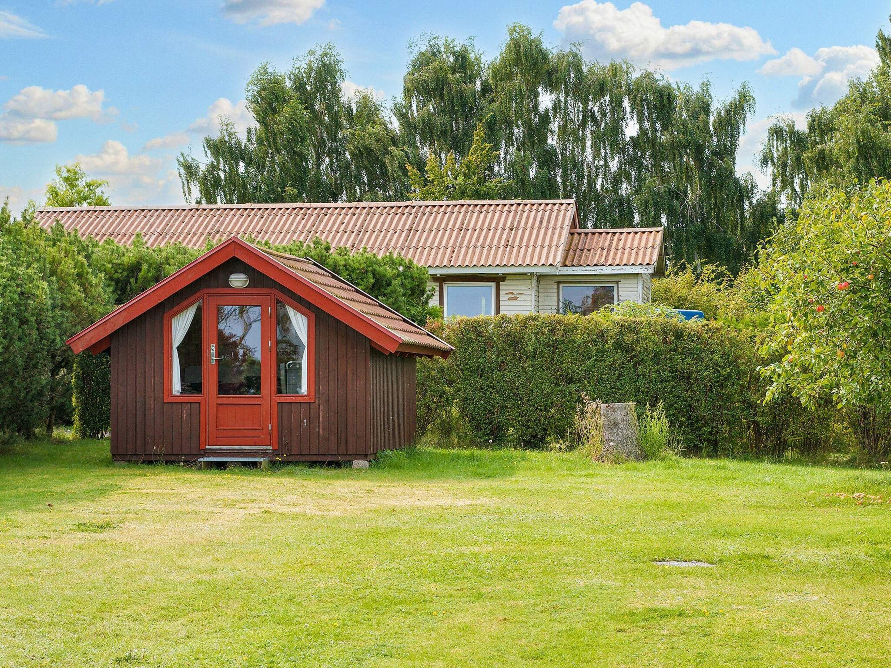 En lille træhytte med rødlakeret dør og vinduer, omgivet af græs og tæt skov.