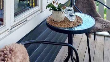 A covered outdoor seating area with a round table and two chairs, a potted plant, and a glass on the table.