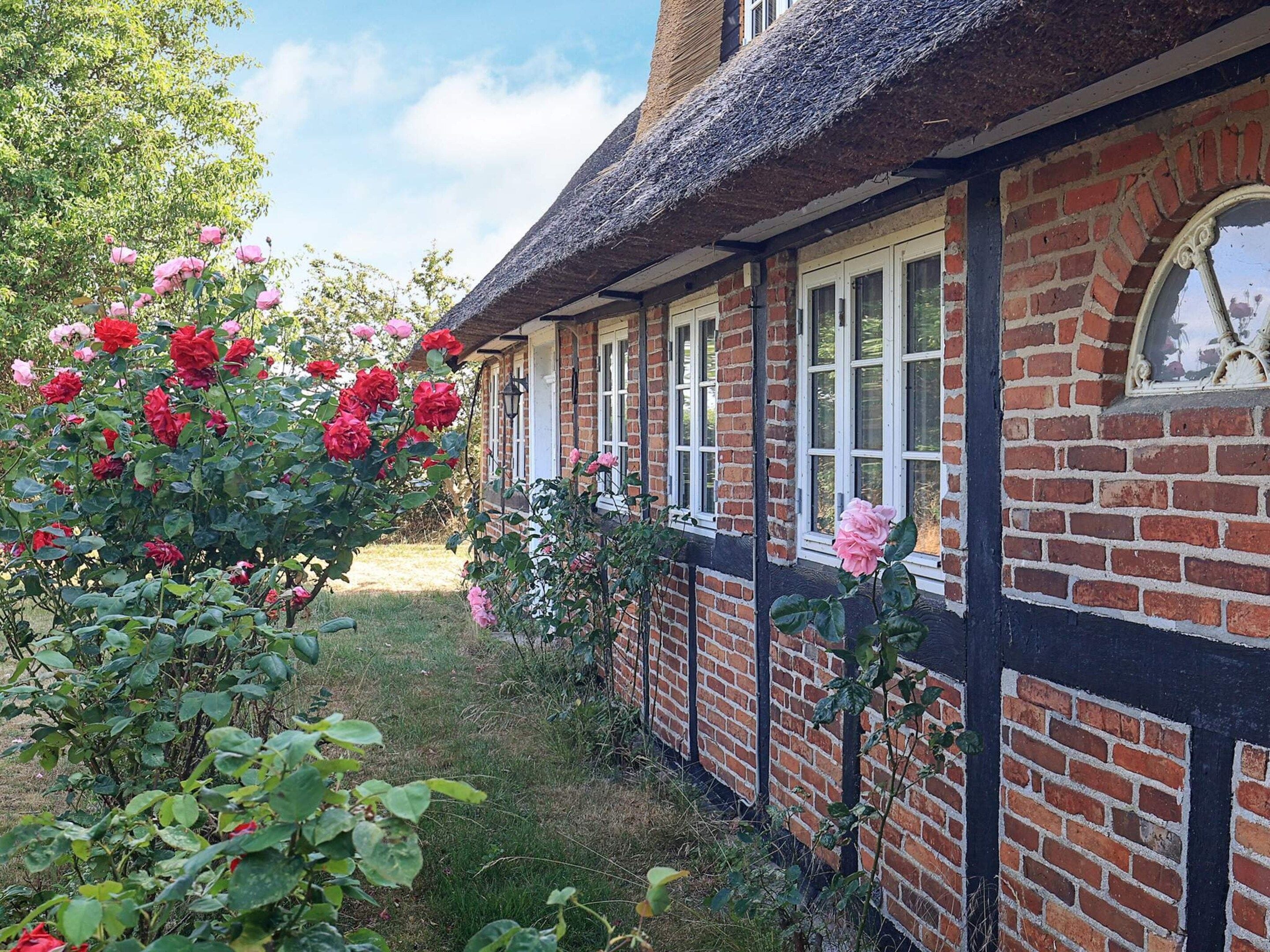 A traditional brick house with a thatched roof and a garden with blooming roses.