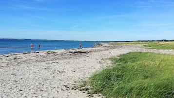 En sandstrand med en græsplæne og en klar blå himmel.