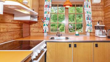 A wooden cabin kitchen with a window, a sink, a coffee maker, and a hanging pendant light.