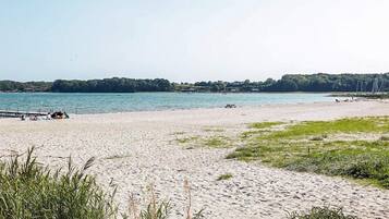 A sandy beach with a dock, grassy areas, and a calm body of water.