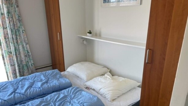 A bedroom with a bed, a blue blanket, white pillows, a wooden door, and a small shelf with a plant.