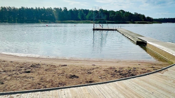 Un molo di legno che si protende su un lago calmo, con una spiaggia sabbiosa in primo piano e una zona boschiva sullo sfondo.