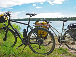 A bicycle with a front basket and a rear rack, parked by a lakeside.