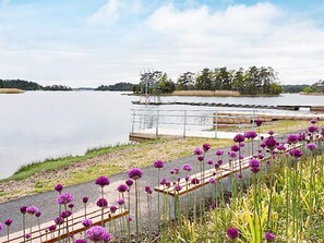 A pathway lined with purple flowers leading to a body of water with a dock and trees in the background. - 6 Person Holiday Home in Monsteras (Monsteras)