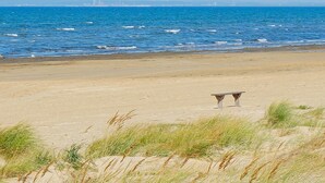 En strand med en bænk og klitter foran.