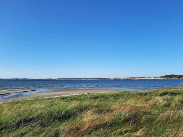 A coastal landscape with a clear sky, grassy foreground, and a distant shoreline with buildings. - 4 Star Holiday Home in Ebeltoft (Ebeltoft)