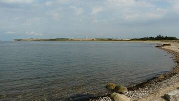 A calm beach with clear water, pebbles, and a distant shoreline.