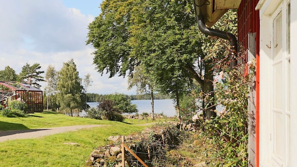 A grassy yard with a barbecue grill, a stone wall, and a view of a lake. - 4 Person Holiday Home in Unnaryd (Unnaryd)