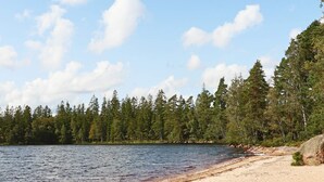 A beach with a sandy shore and a forested area in the background. - 4 Person Holiday Home in Unnaryd (Unnaryd)