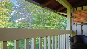 Une terrasse en bois avec une rambarde, une chaise noire et une vue sur une zone boisée.