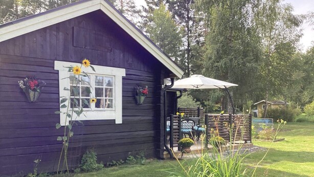 Una cabaña de madera con ventana, un porche y un jardín.