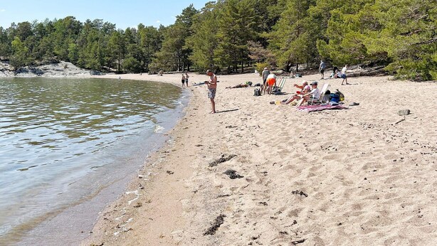 Ein sandiger Strand mit Menschen, manche sitzen auf Stühlen, andere stehen, in der Nähe einer ruhigen Wasserfläche.