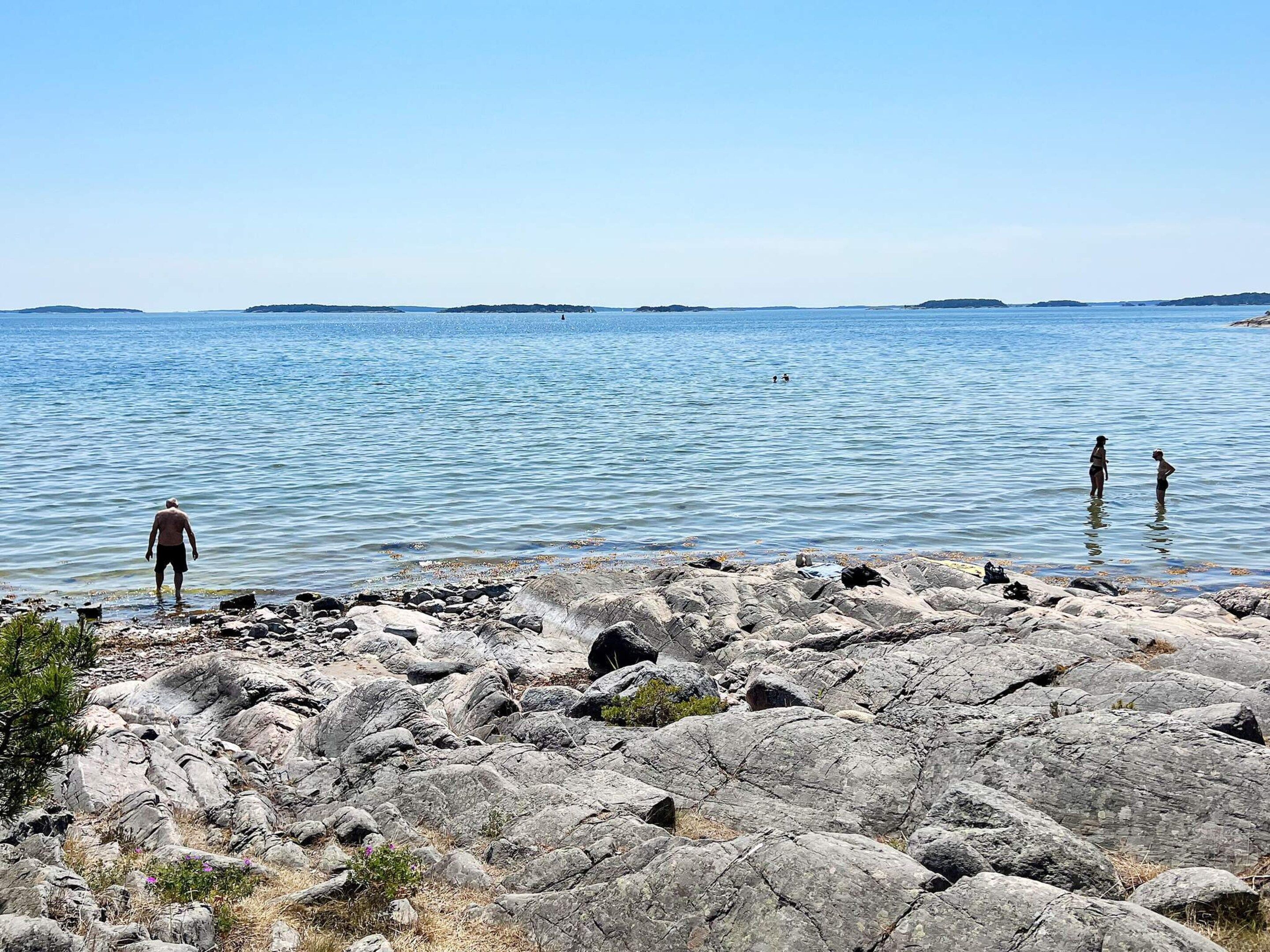 A rocky shoreline with clear water and distant land.