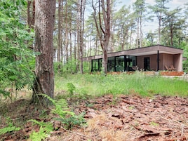 Una casa moderna con amplios ventanales, rodeada de un bosque.