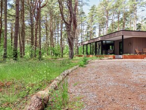 A modern house with a gravel driveway, surrounded by tall trees and a grassy area.