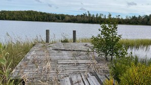 Une jetée en bois s’étendant sur un lac paisible, entourée d’une végétation luxuriante et d’arbres.