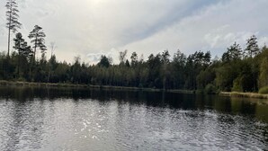 Un lac paisible, avec un bateau au premier plan et une rive boisée en arrière-plan.