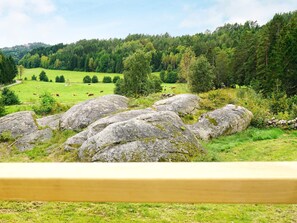 Paesaggio rurale con dolci colline, un prato erboso e una recinzione in legno.