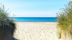 A sandy beach path leading to the ocean, bordered by grass on both sides. - 6 Person Holiday Home in Skummeslovsstrand (Skummesloevsstrand)