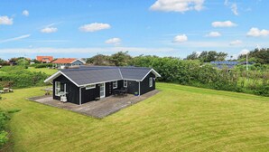 Ein schwarzes Gebäude mit geneigtem Dach, einer Terrasse und einem Rasen.