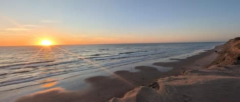 A beach with a sunset, calm waters, and a sandy shore.