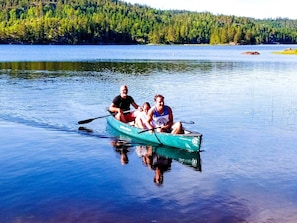 A rowboat with three people on a calm lake surrounded by dense forest. - 5 Person Holiday Home in Grimstad-by Traum (Grimstad)
