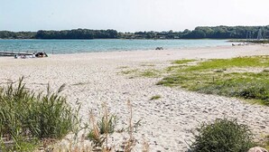 A sandy beach with a dock, grassy areas, and a calm body of water. - 4 Star Holiday Home in Hejls (Hejls)