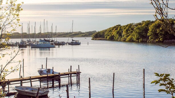A calm water body with boats docked at a wooden pier, surrounded by greenery. - 4 Star Holiday Home in Nordborg (Nordborg)