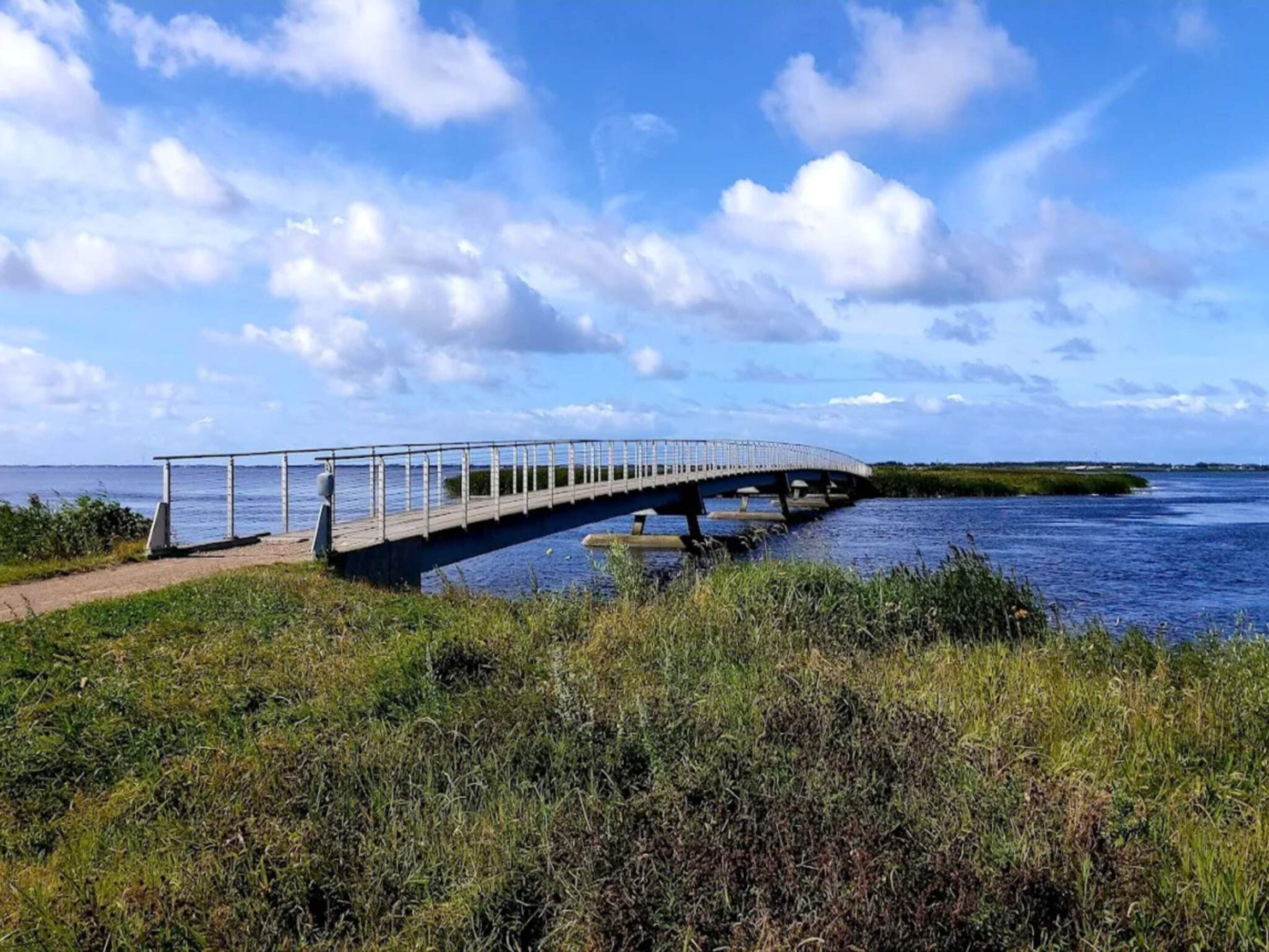 Een voetgangersbrug over een waterpartij met heldere lucht.