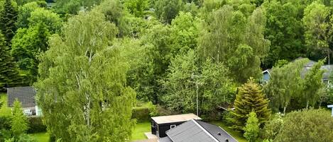 A cabin with a deck, surrounded by dense forest, overlooking a body of water.