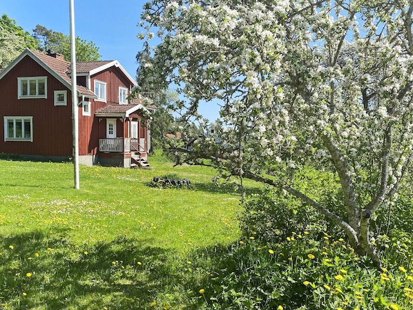 A red wooden house with a porch and a lawn with yellow flowers. - 8 Person Holiday Home in Anneby (Aneby)