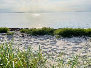 Ein sandiger Strand mit Gras im Vordergrund und ruhigem Gewässer im Hintergrund.