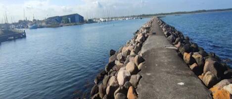 A concrete pathway leading to a rocky shoreline with calm water, a distant building, and a clear sky.