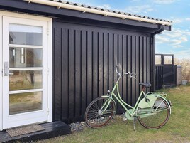 A green bicycle parked outside a black building with a white door and windows.
