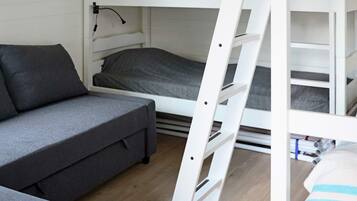 A bunk bed with a ladder, a sofa, and a desk with a lamp.