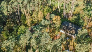Luchtbeeld van een bebost gebied met een klein huisje, omringd door hoge bomen.