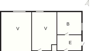 Een plattegrond met de kamers V, B, E, O, K en TE aangeduid.