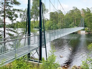 A suspension bridge over a river with metal railings and a ladder.