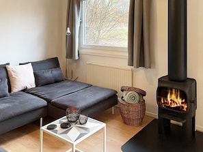 A modern living room with a sofa, a small table, a fireplace, and a window with curtains. - 4 Star Holiday Home in Olofstrom (Olofström)