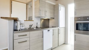 A modern kitchen with a dishwasher, stove, oven, and a large mirror above the sink. - 4 Person Holiday Home in Bogense (Bogense)