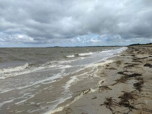 Een strand met golven, wier en een bewolkte lucht.